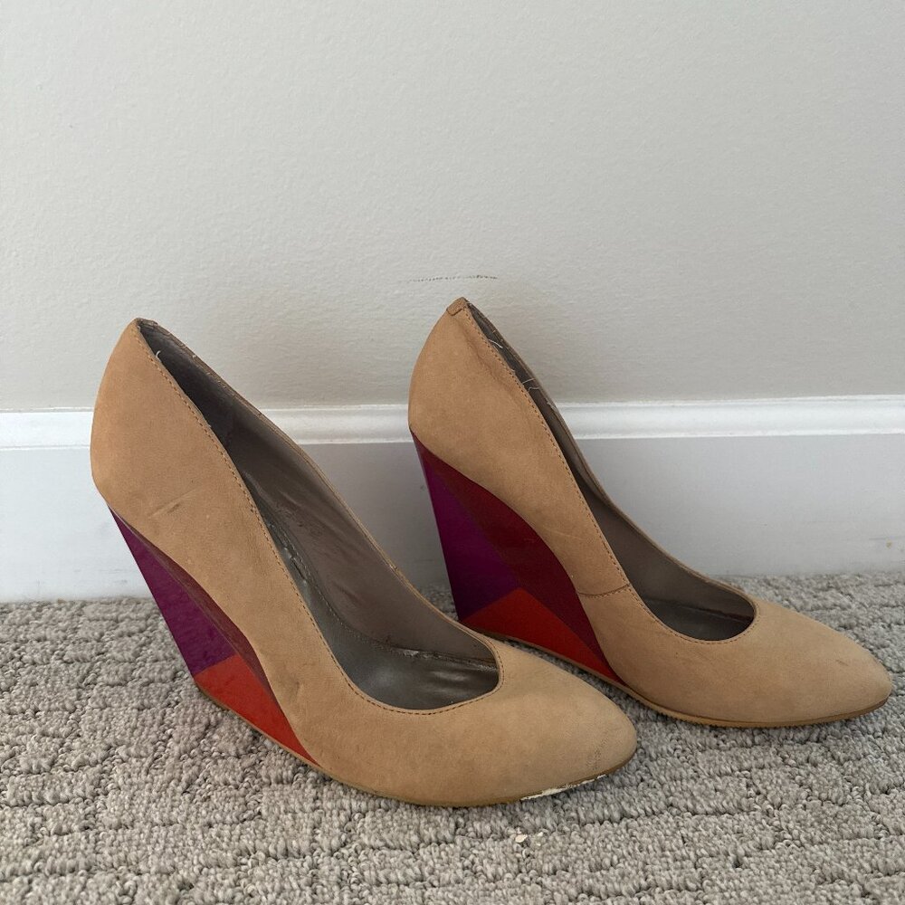 Suede Wedge Pumps with Colorblock Heel – Size 7.5